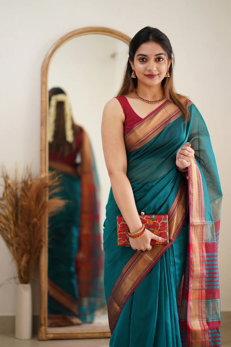 Fragrant Rama Cotton Silk Saree With Alluring  Blouse Piece