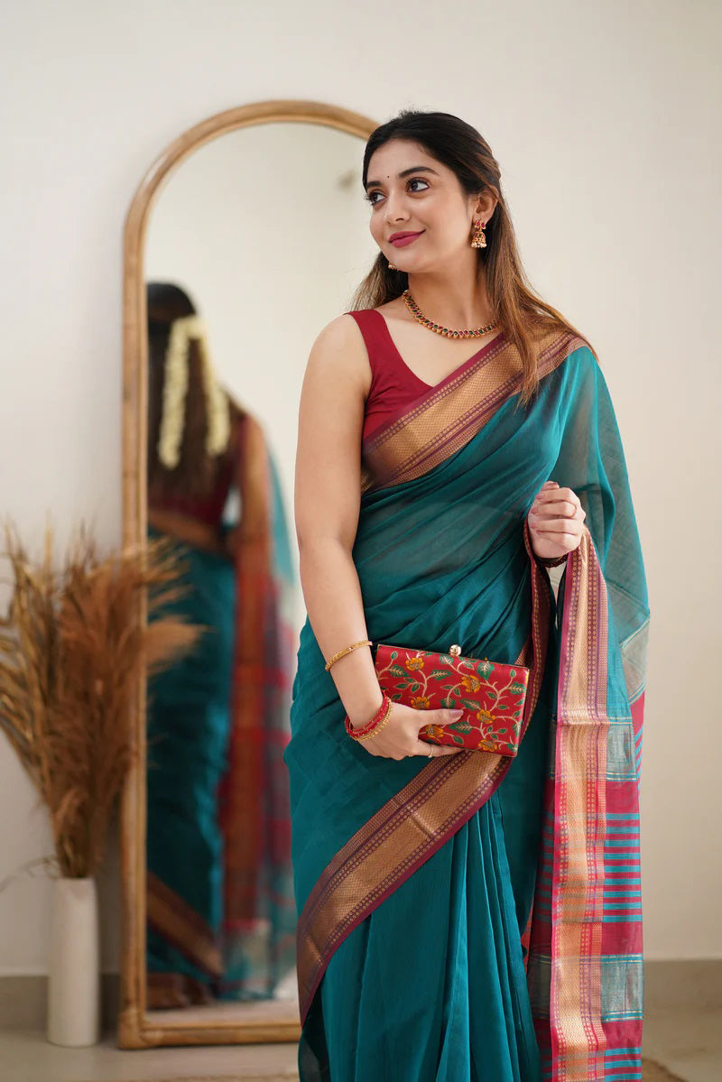 Fragrant Rama Cotton Silk Saree With Alluring  Blouse Piece