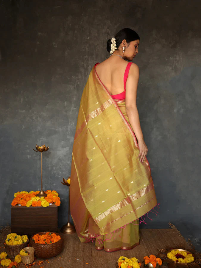 Stunning Mustard Cotton Silk Saree With Surpassing Blouse Piece