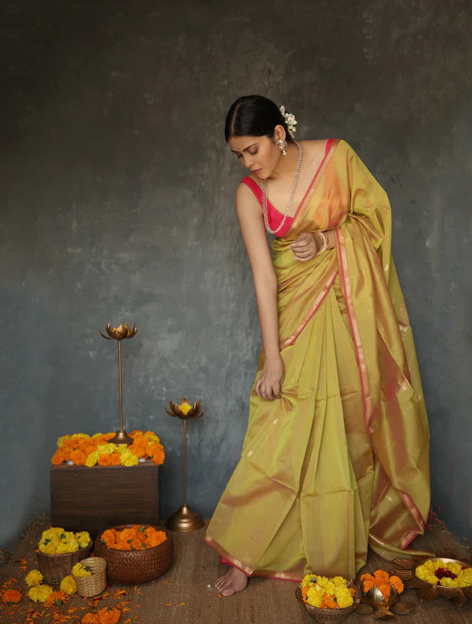 Stunning Mustard Cotton Silk Saree With Surpassing Blouse Piece