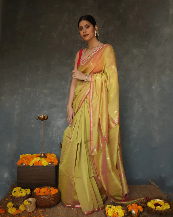 Stunning Mustard Cotton Silk Saree With Surpassing Blouse Piece