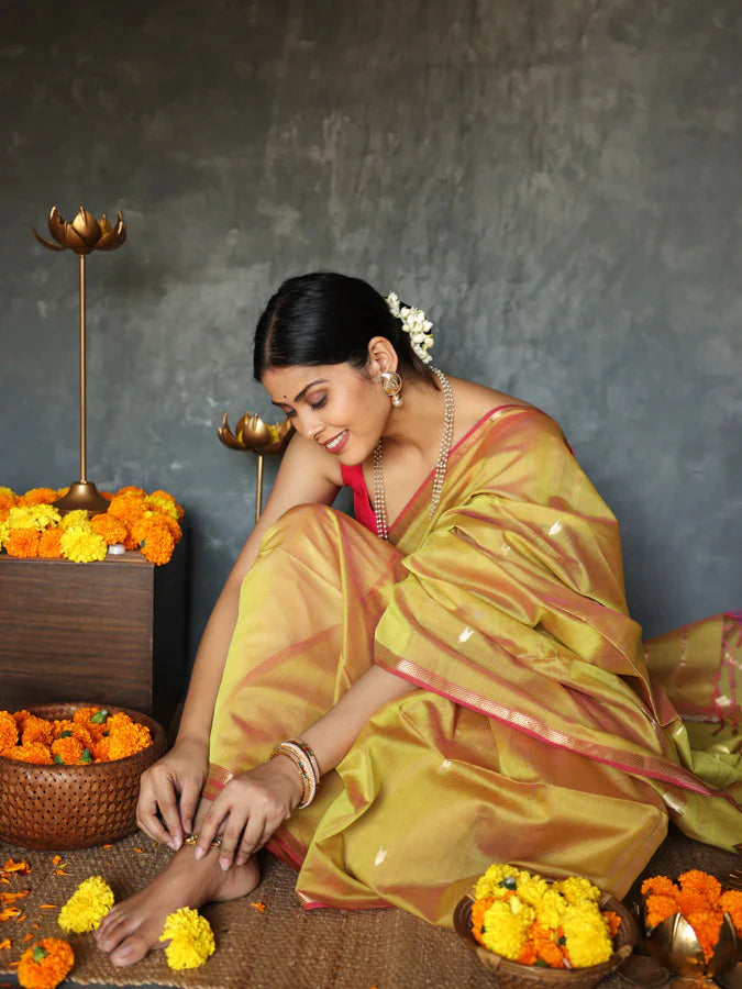 Stunning Mustard Cotton Silk Saree With Surpassing Blouse Piece