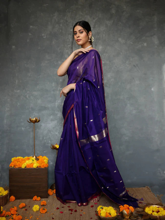 Fairytale Navy Blue Cotton Silk Saree With Propinquity Blouse Piece