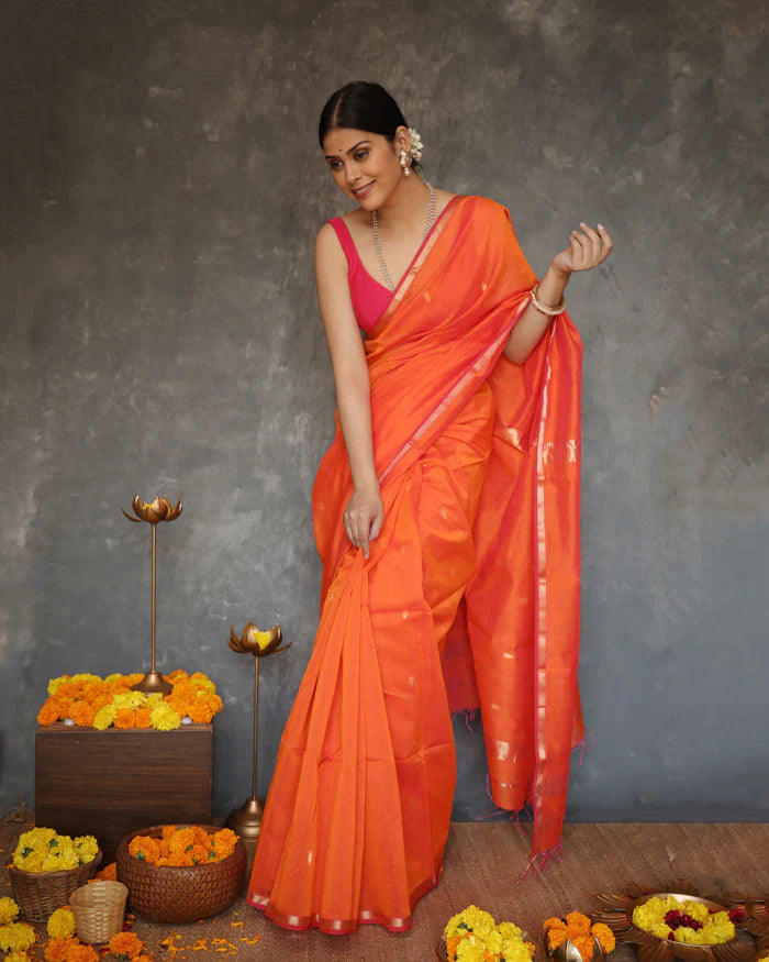 Marvellous Orange Cotton Silk Saree With Jazzy Blouse Piece