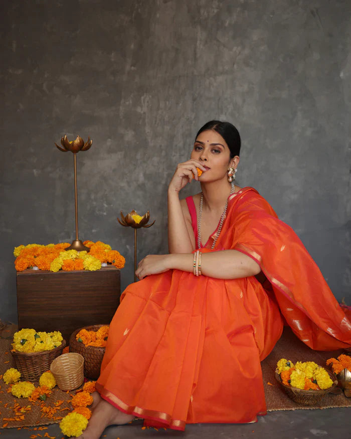 Marvellous Orange Cotton Silk Saree With Jazzy Blouse Piece