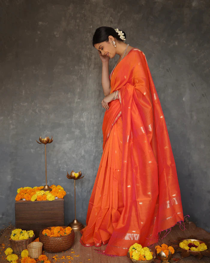 Marvellous Orange Cotton Silk Saree With Jazzy Blouse Piece