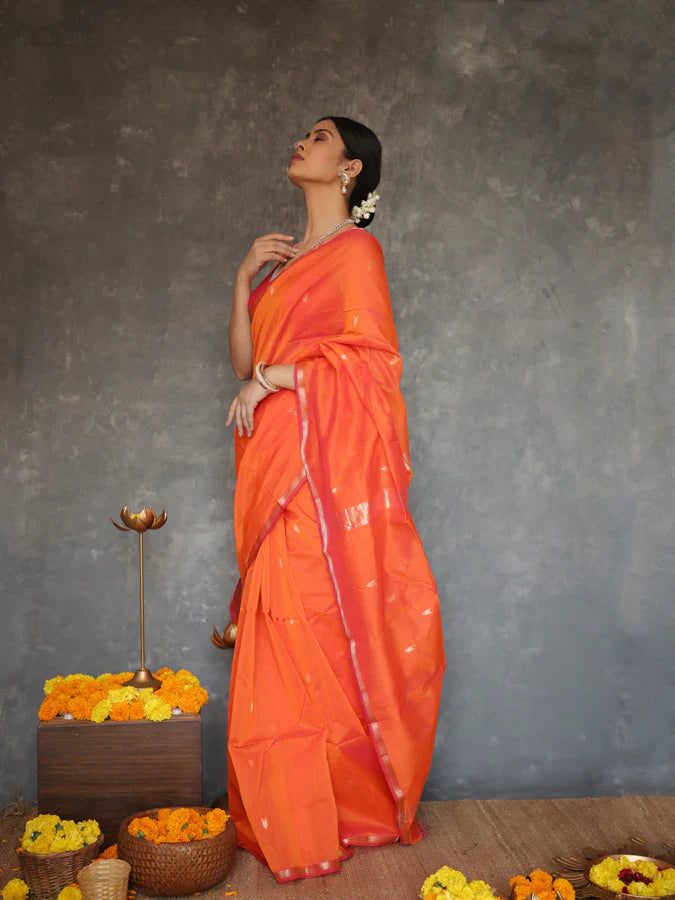 Marvellous Orange Cotton Silk Saree With Jazzy Blouse Piece