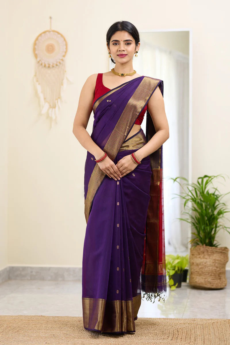 Resonant Purple Cotton Silk Saree With Ineffable Blouse Piece