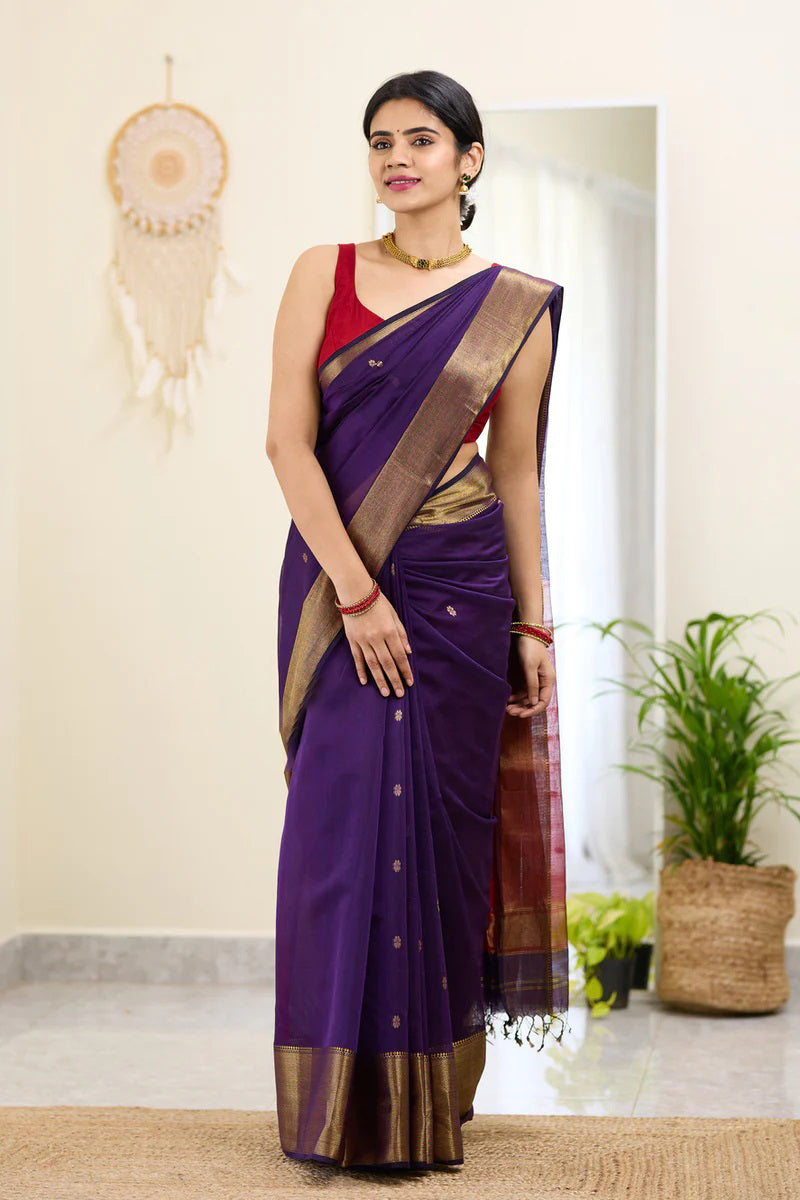 Resonant Purple Cotton Silk Saree With Ineffable Blouse Piece