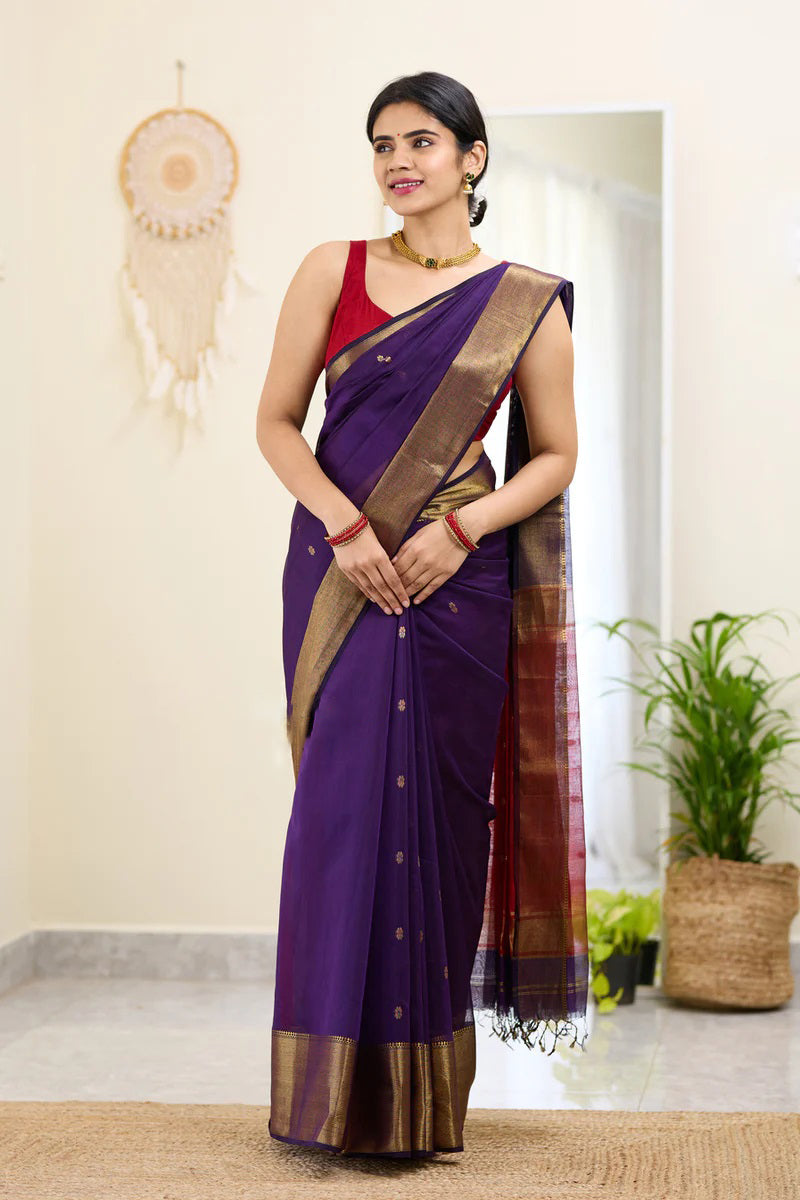 Resonant Purple Cotton Silk Saree With Ineffable Blouse Piece