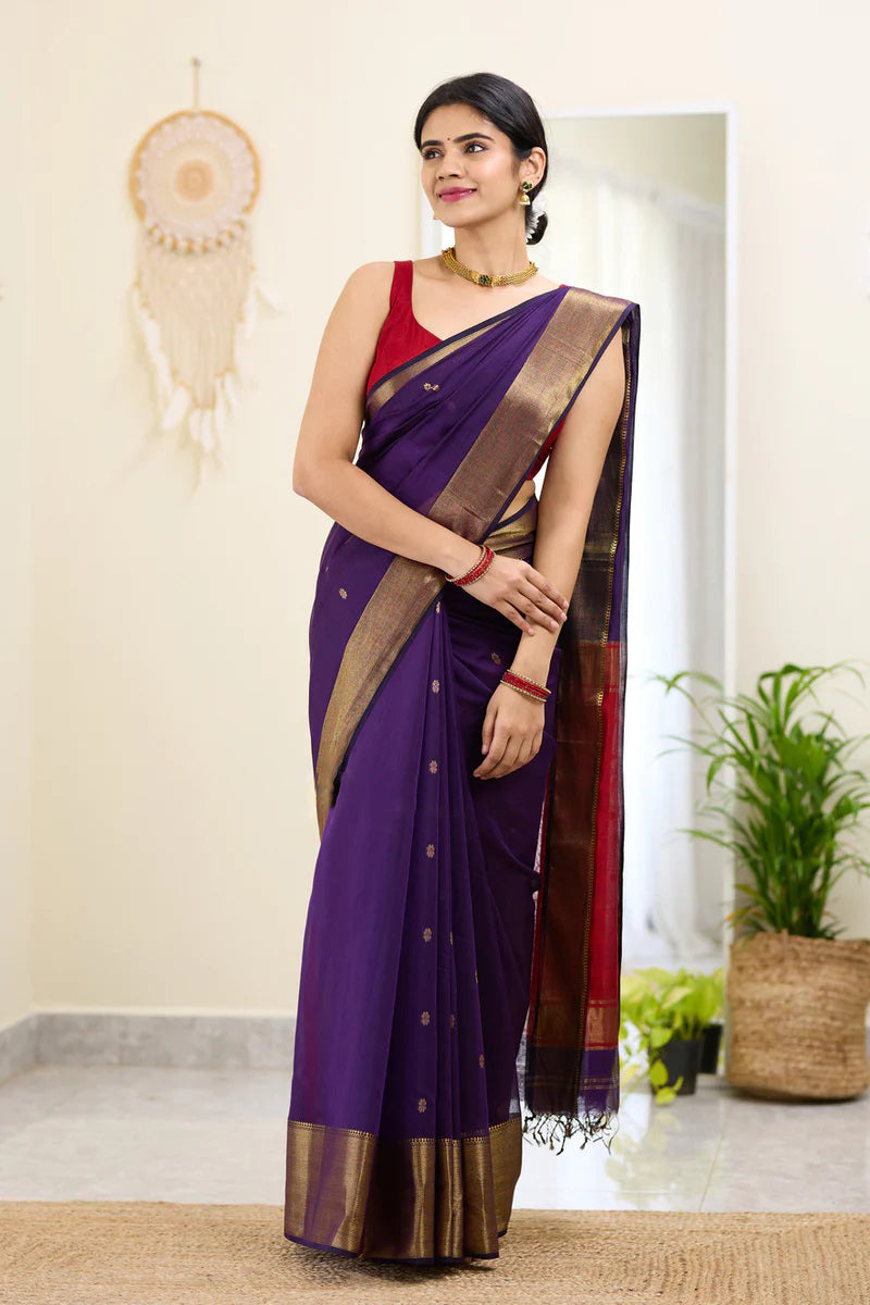 Resonant Purple Cotton Silk Saree With Ineffable Blouse Piece