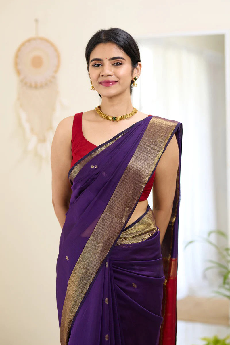 Resonant Purple Cotton Silk Saree With Ineffable Blouse Piece