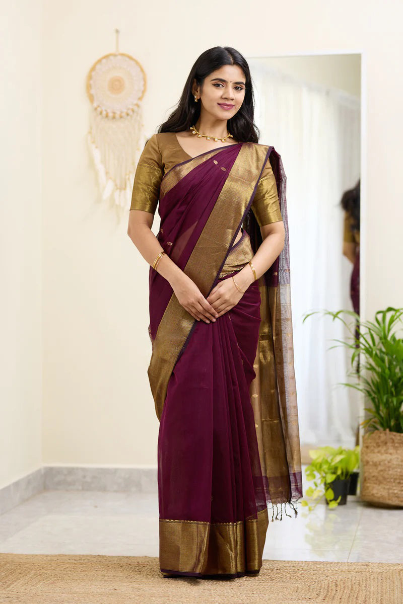 Diaphanous Wine Cotton Silk Saree With Epiphany Blouse Piece