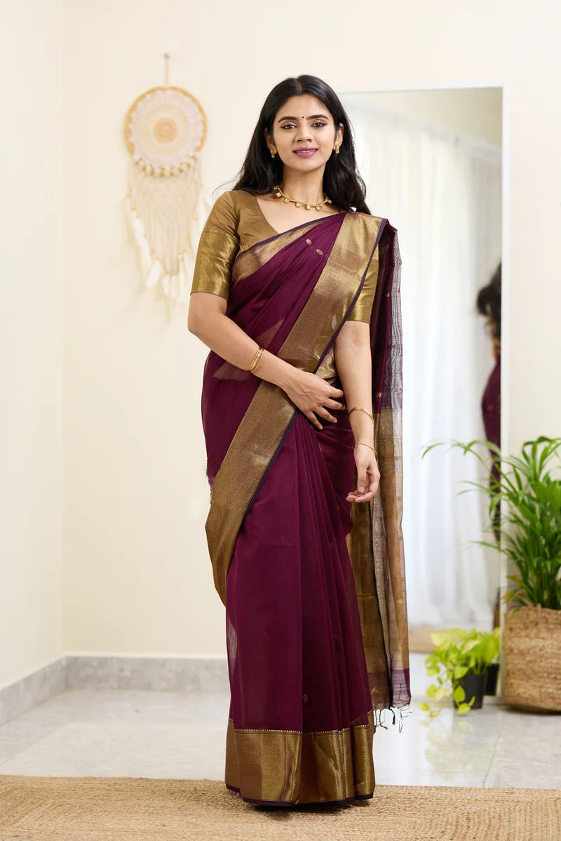 Diaphanous Wine Cotton Silk Saree With Epiphany Blouse Piece