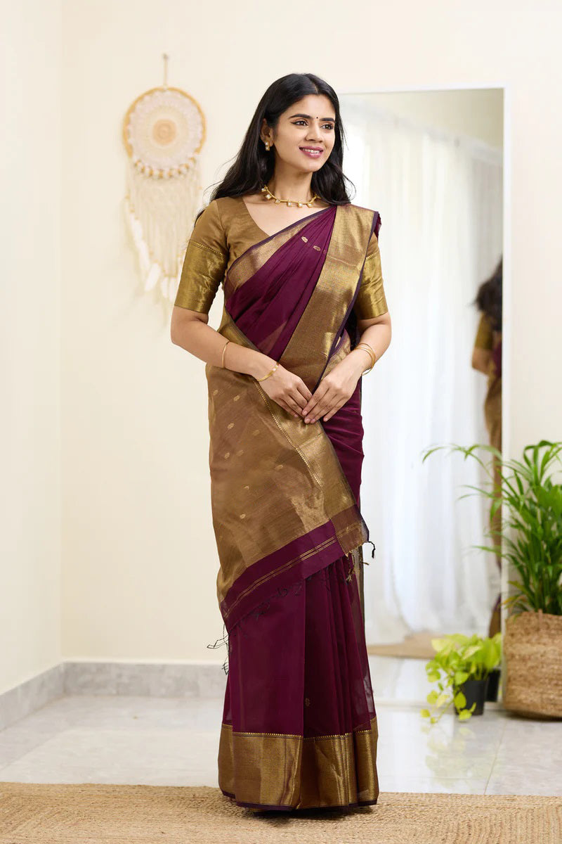 Diaphanous Wine Cotton Silk Saree With Epiphany Blouse Piece