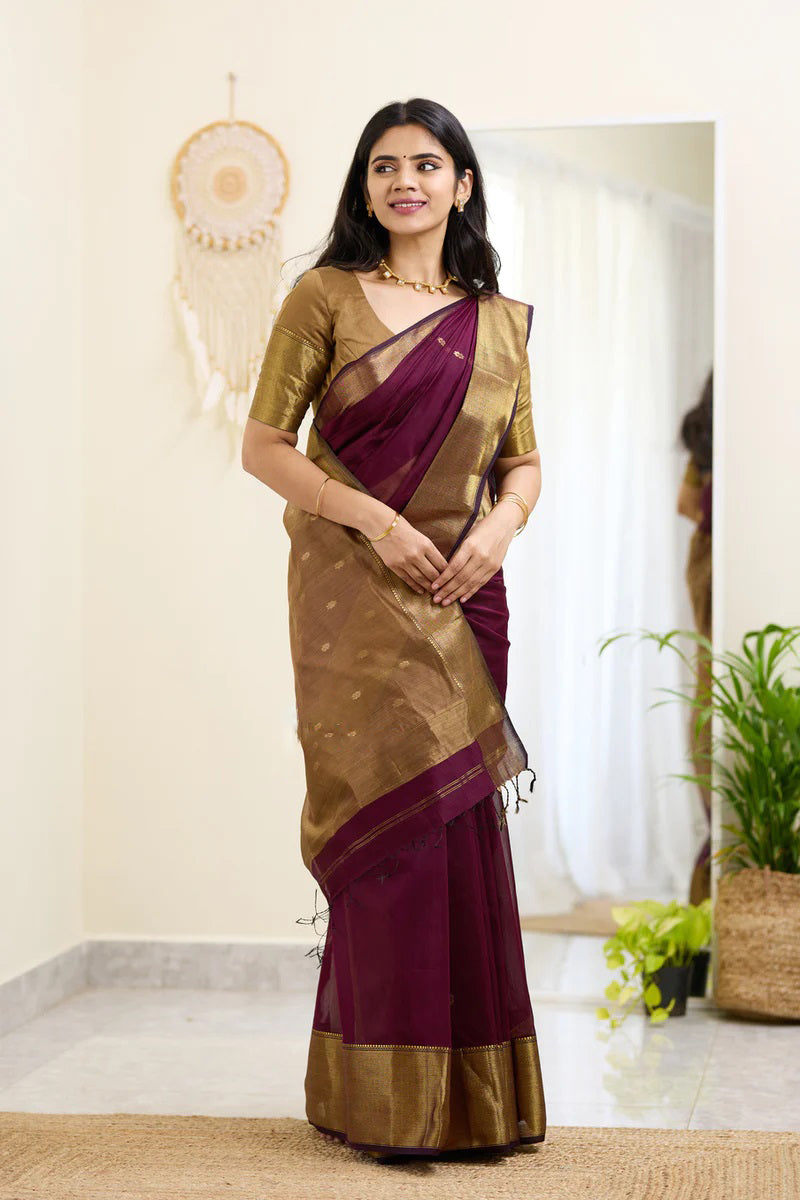 Diaphanous Wine Cotton Silk Saree With Epiphany Blouse Piece