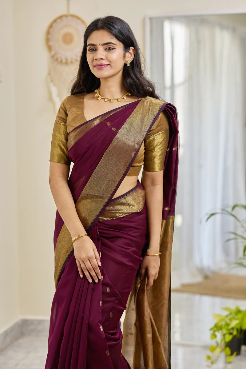 Diaphanous Wine Cotton Silk Saree With Epiphany Blouse Piece