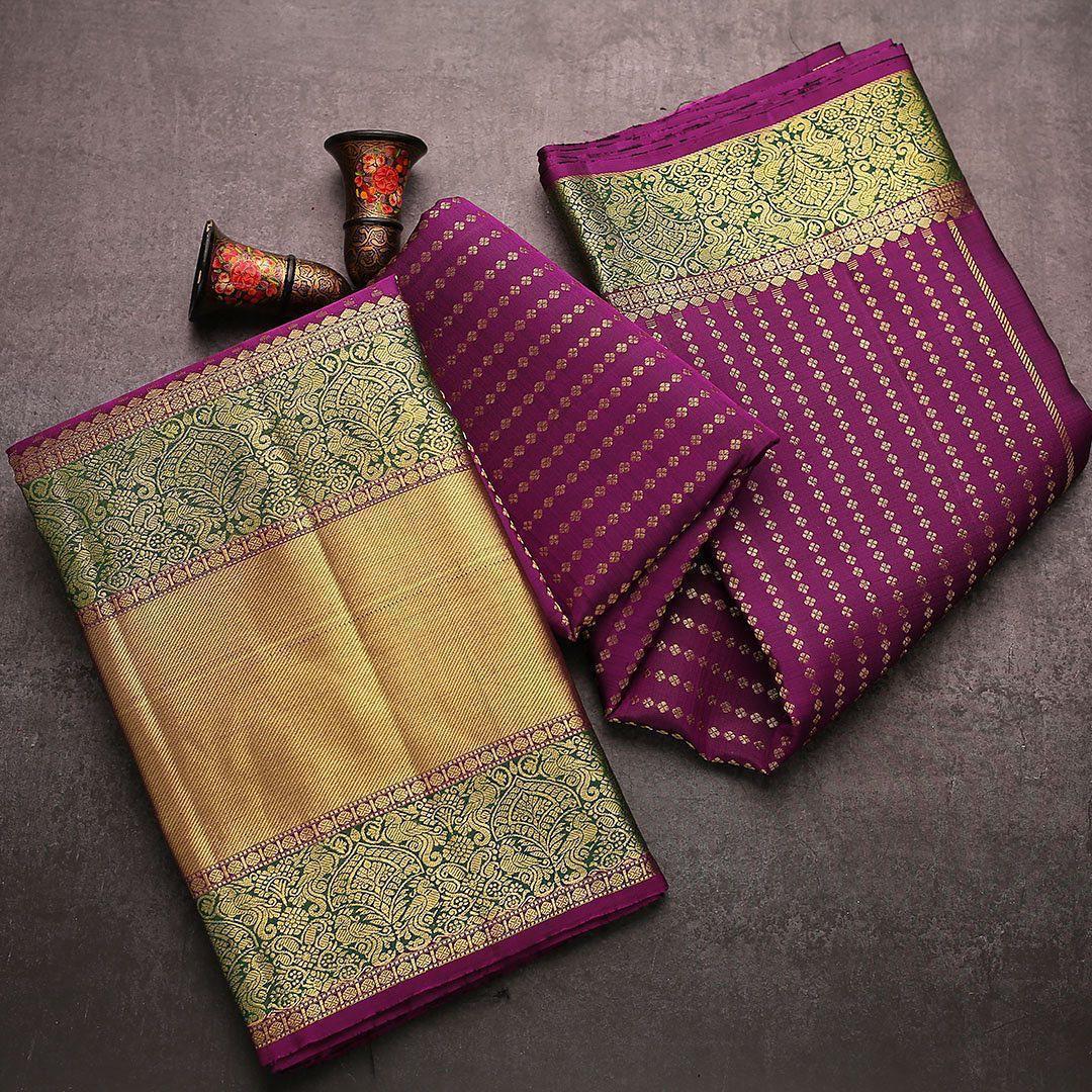 Exquisite Purple Soft Banarasi Silk Saree With Sempiternal Blouse Piece