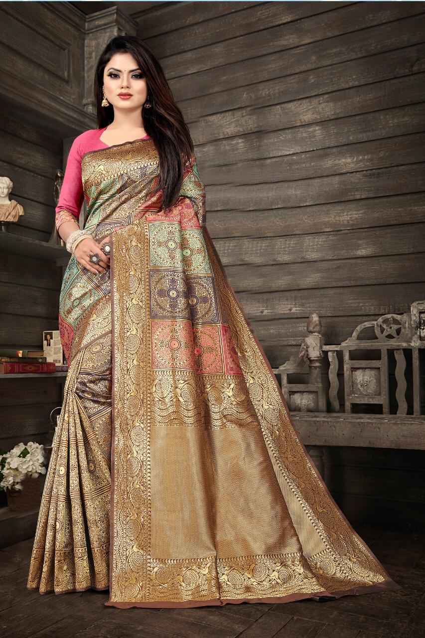 An insanely Beige Soft Banarasi Silk Saree With Petrichor Blouse Piece