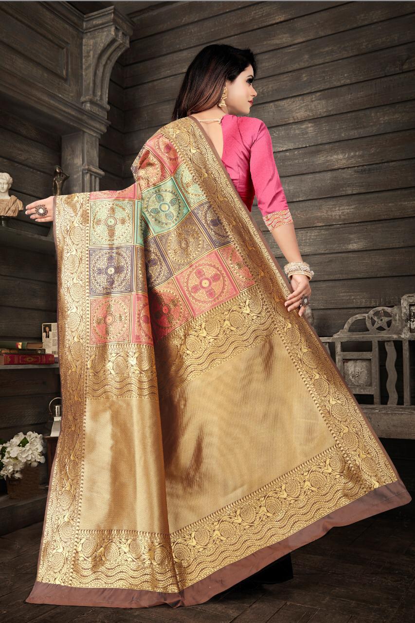 An insanely Beige Soft Banarasi Silk Saree With Petrichor Blouse Piece