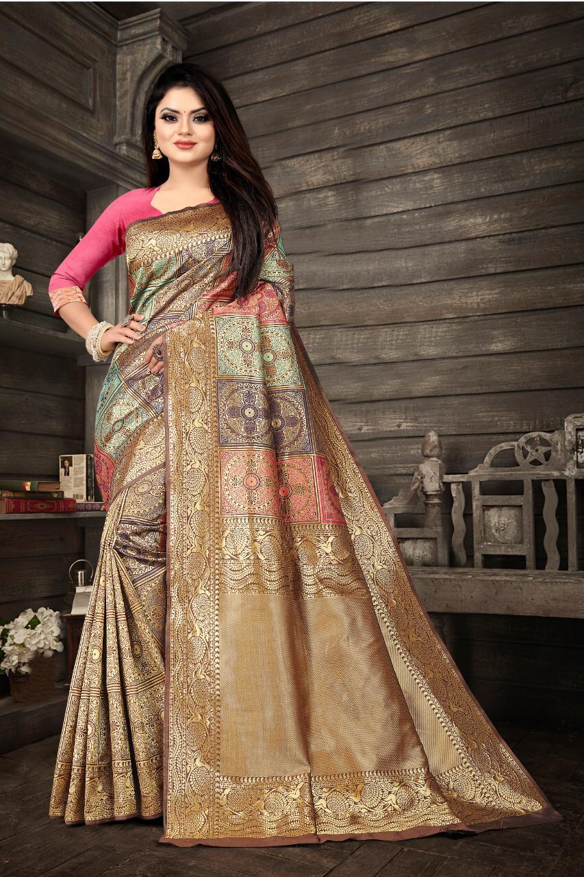 An insanely Beige Soft Banarasi Silk Saree With Petrichor Blouse Piece