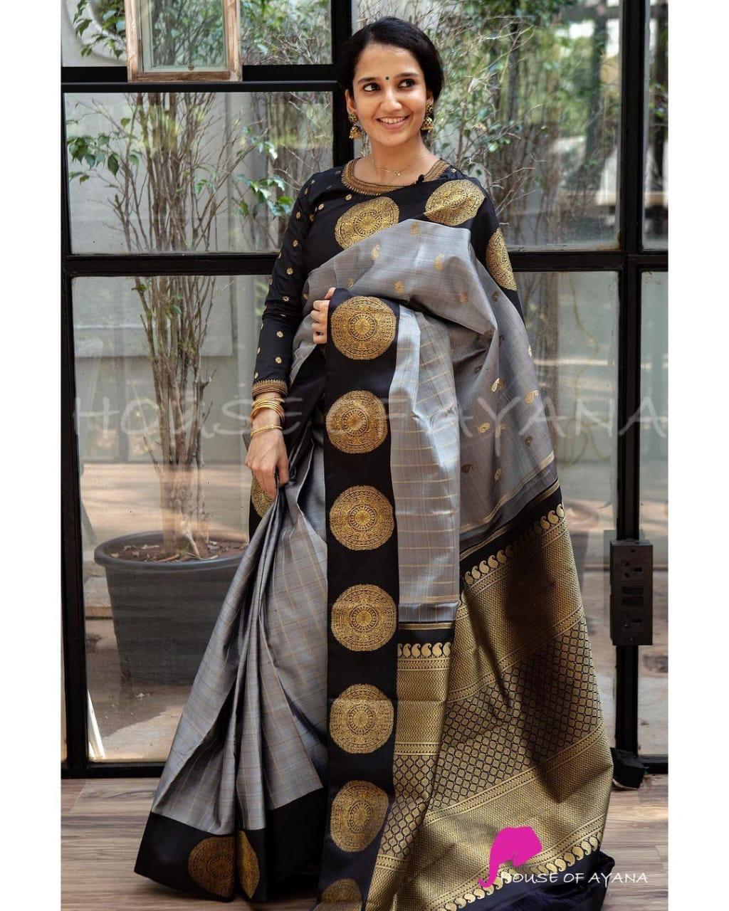 Excellent Grey Soft Banarasi Silk Saree With Staggering Blouse Piece