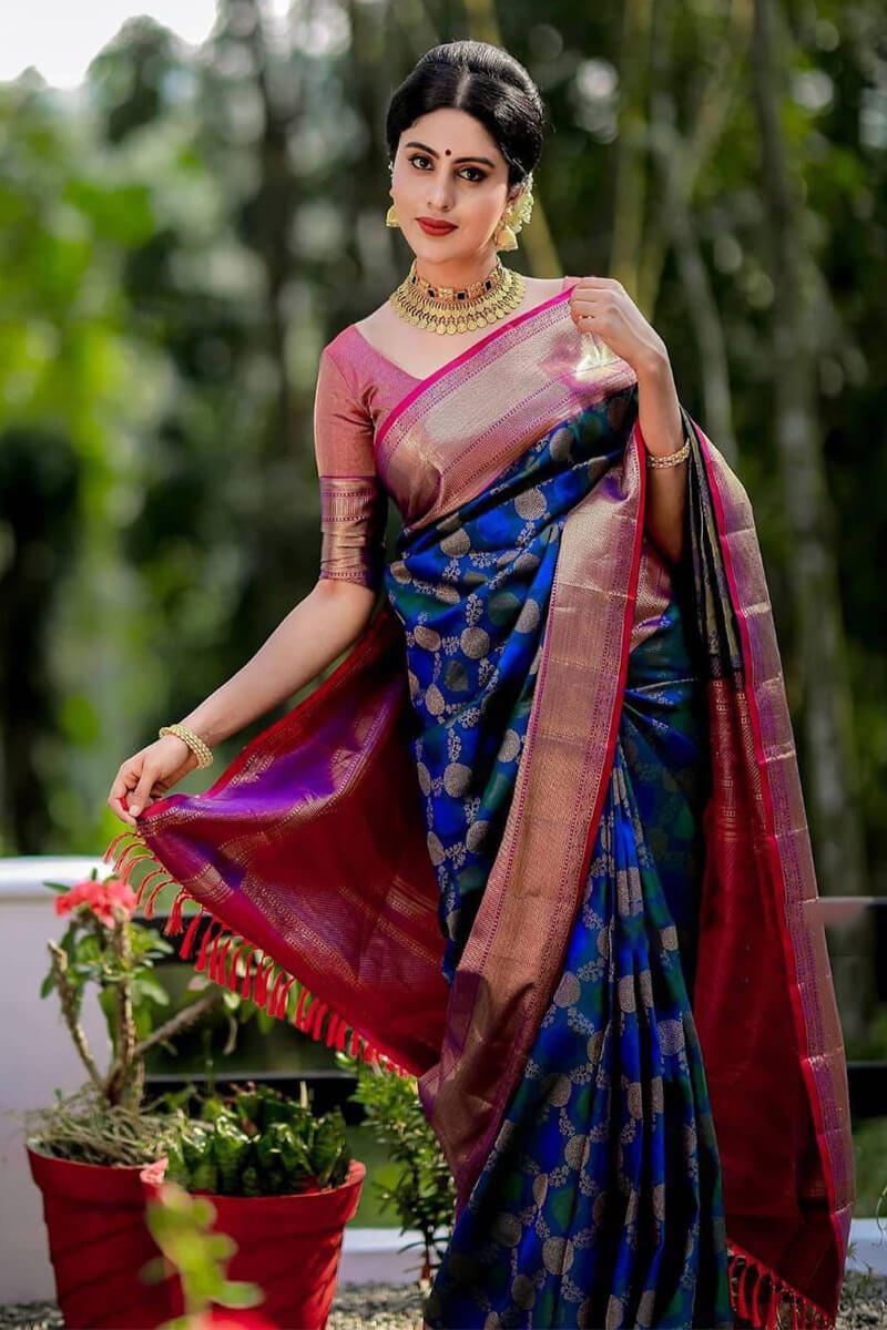 Engrossing Blue Soft Banarasi Silk Saree With Demure Blouse Piece