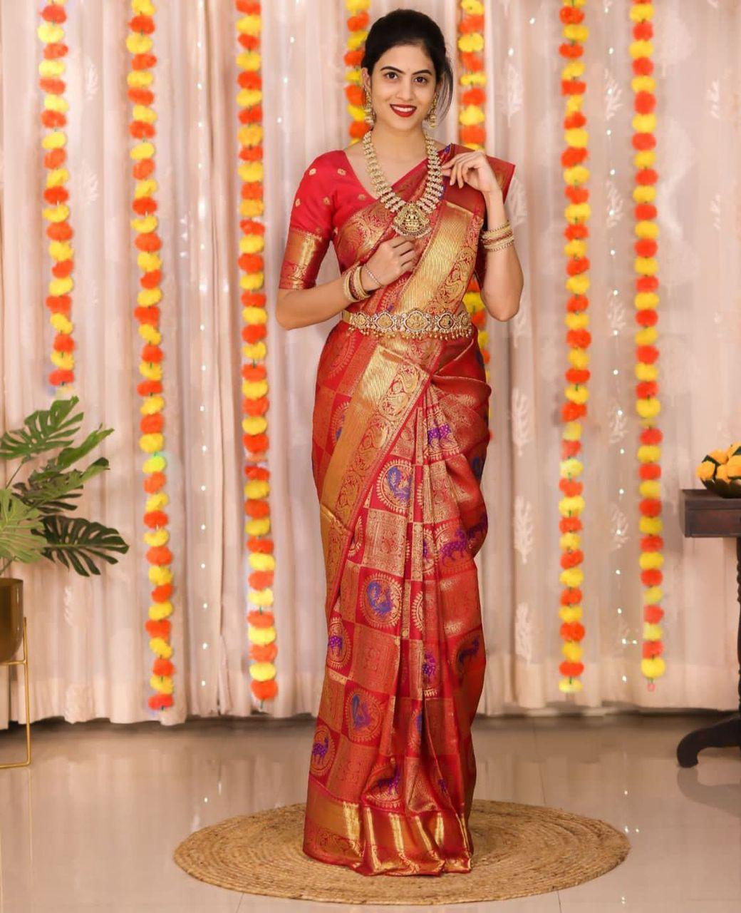 Glowing Red Soft Banarasi Silk Saree With Bewitching Blouse Piece