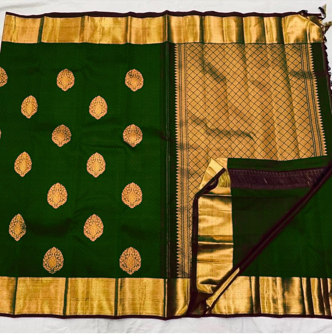 Moiety Dark Green Soft Banarasi Silk Saree With Glittering Blouse Piece