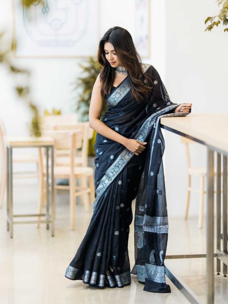 Demesne Black Soft Silk Saree With Desultory Blouse Piece