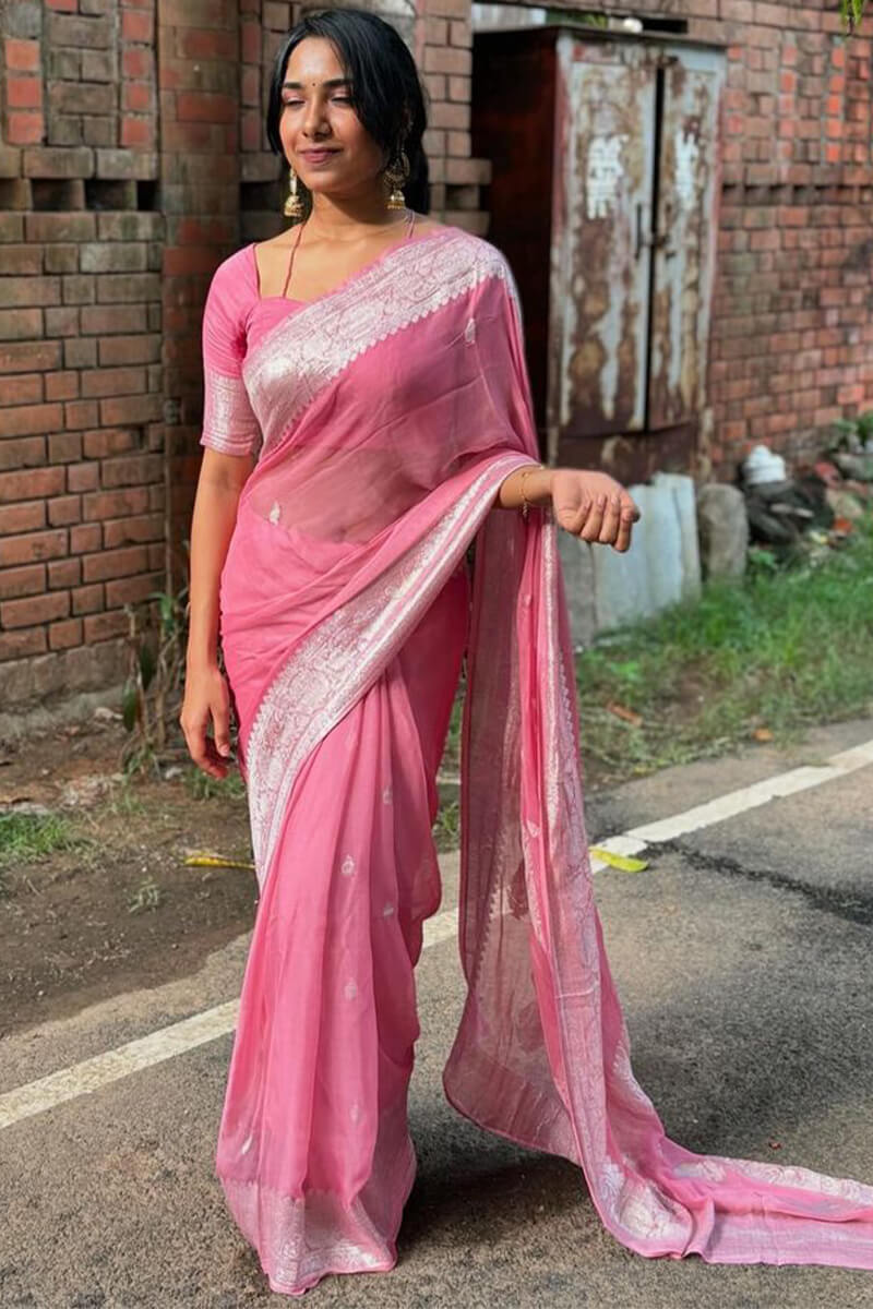 Desiring Pink Cotton Silk Saree With A dreamy Blouse Piece