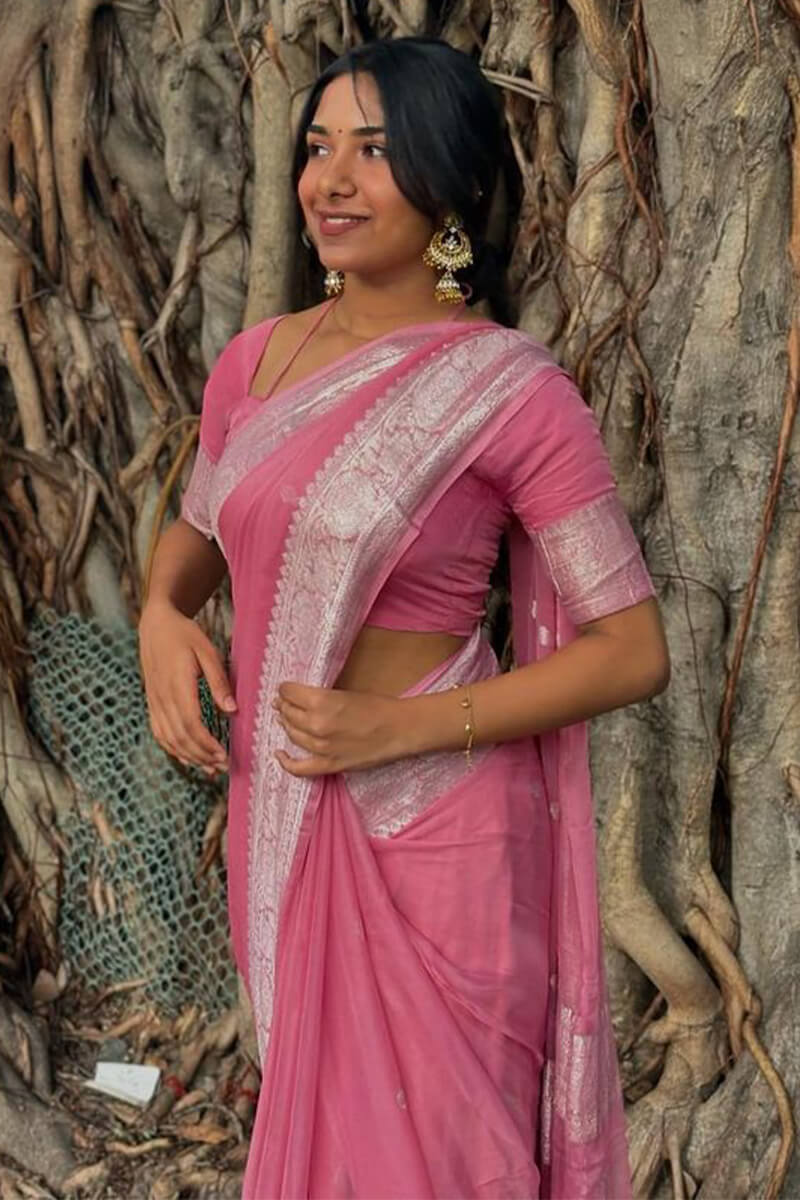 Desiring Pink Cotton Silk Saree With A dreamy Blouse Piece