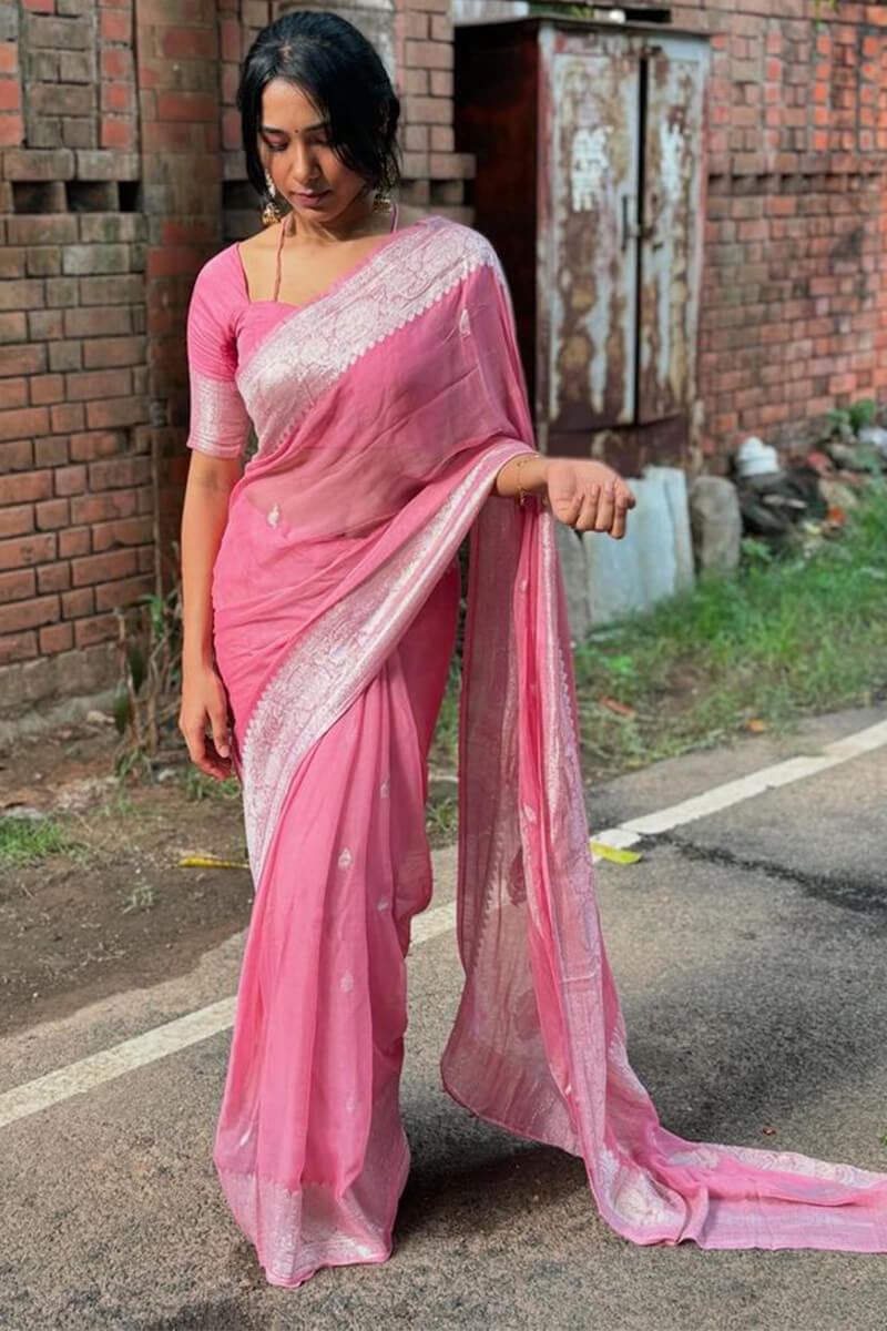 Desiring Pink Cotton Silk Saree With A dreamy Blouse Piece