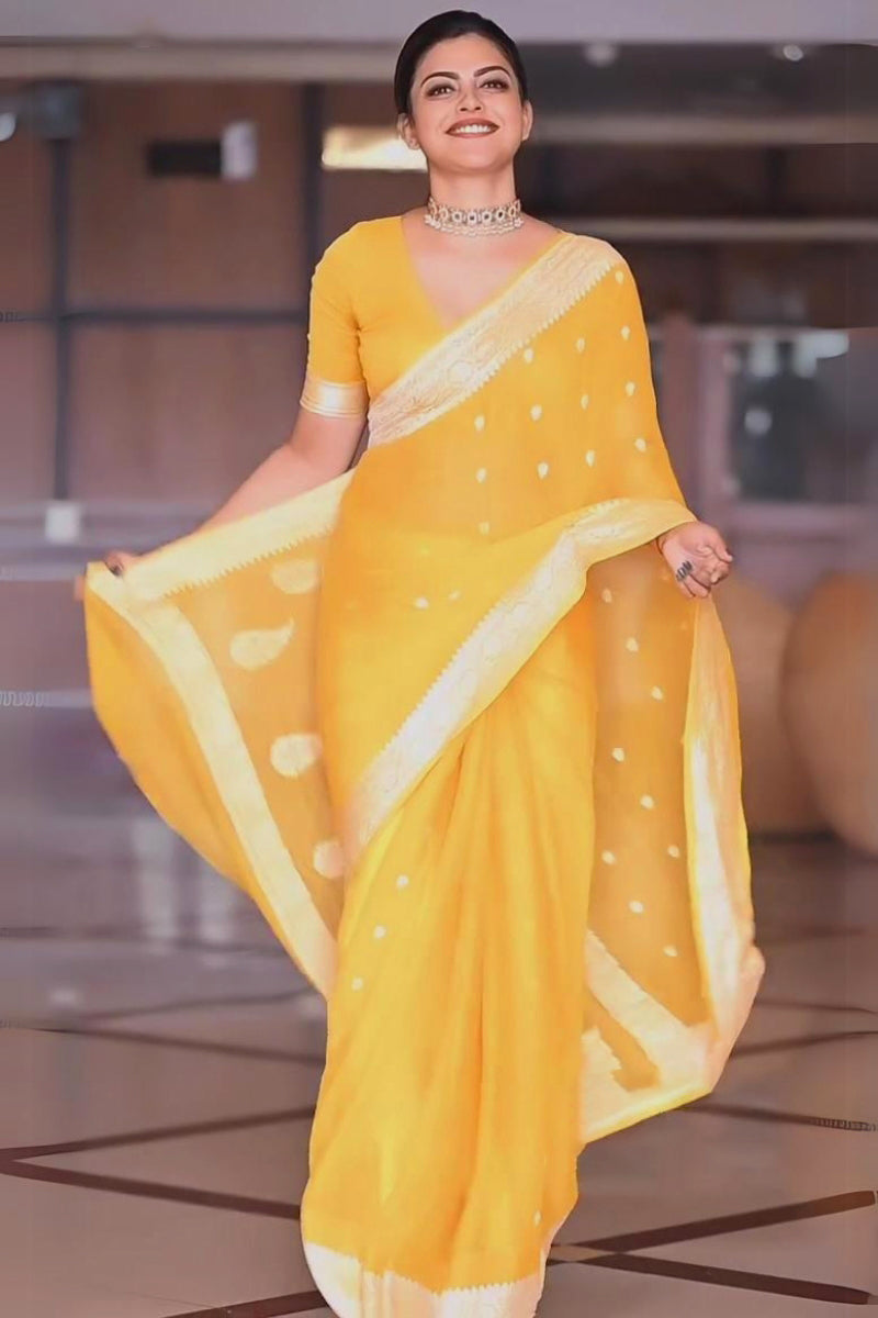 Blooming Yellow Soft Silk Saree With Beauteous Blouse Piece