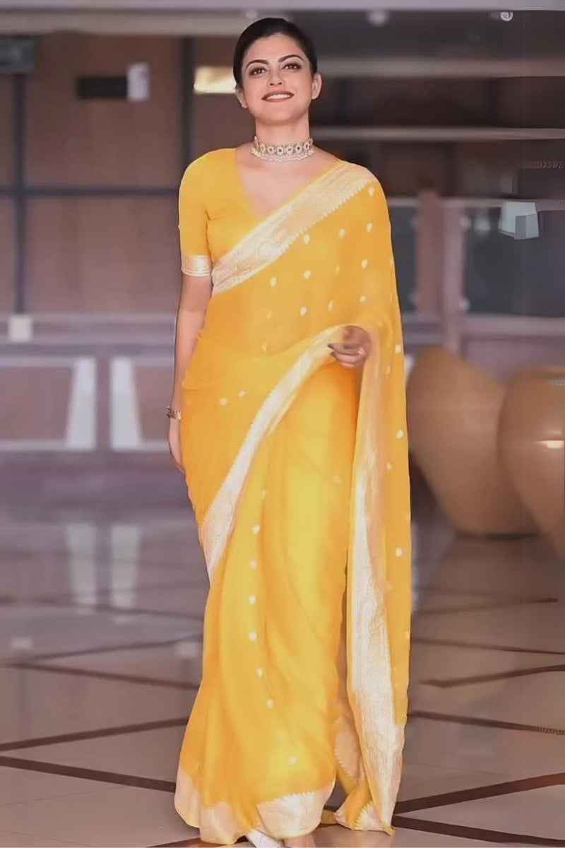 Blooming Yellow Soft Silk Saree With Beauteous Blouse Piece