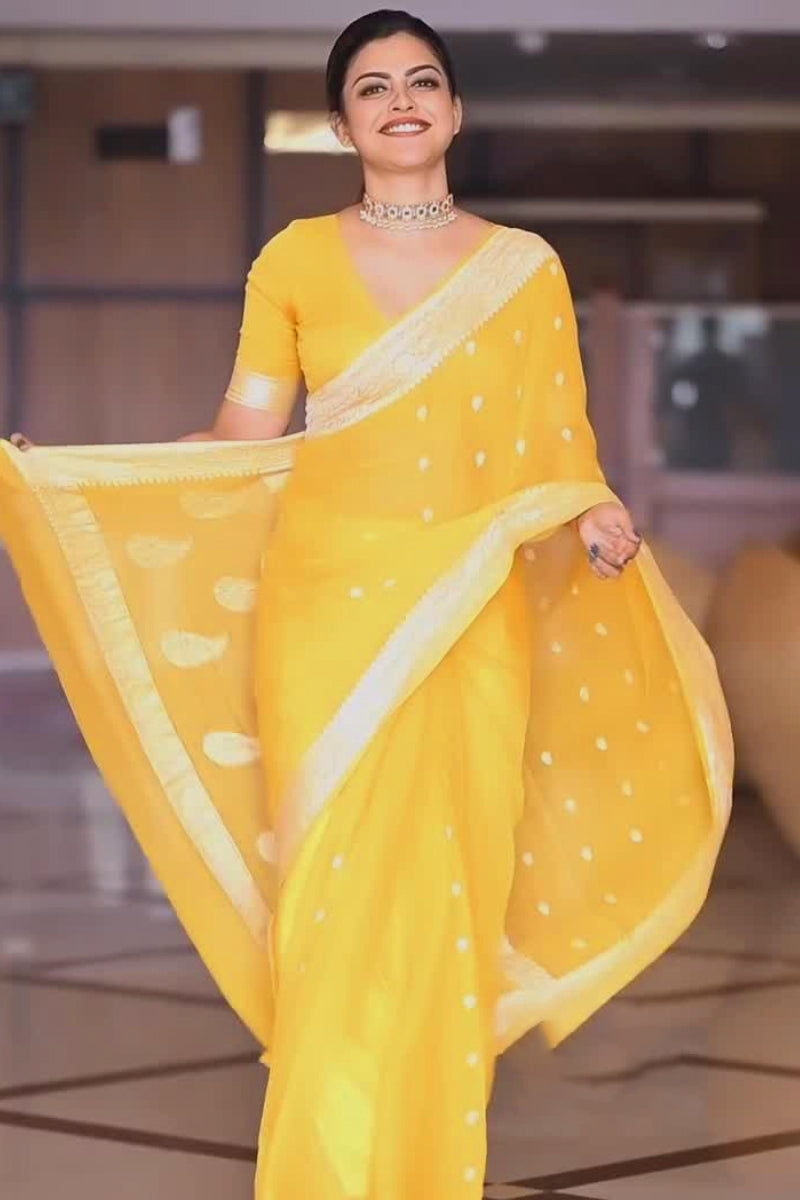 Blooming Yellow Soft Silk Saree With Beauteous Blouse Piece