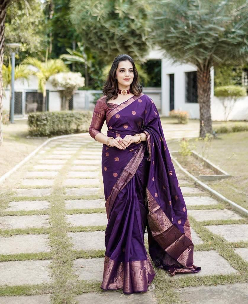 Assemblage Purple Soft Silk Saree With Brood Blouse Piece