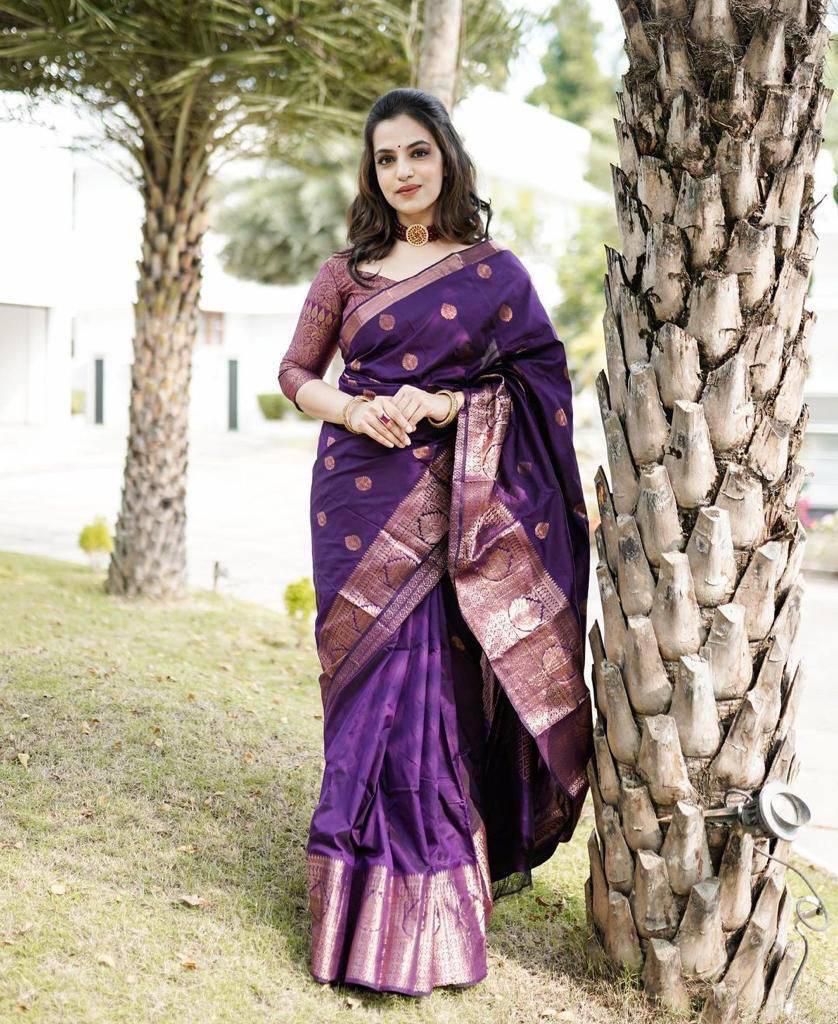 Assemblage Purple Soft Silk Saree With Brood Blouse Piece