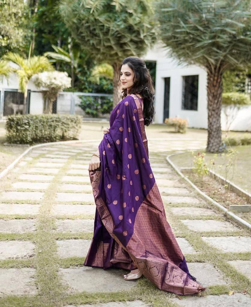 Assemblage Purple Soft Silk Saree With Brood Blouse Piece