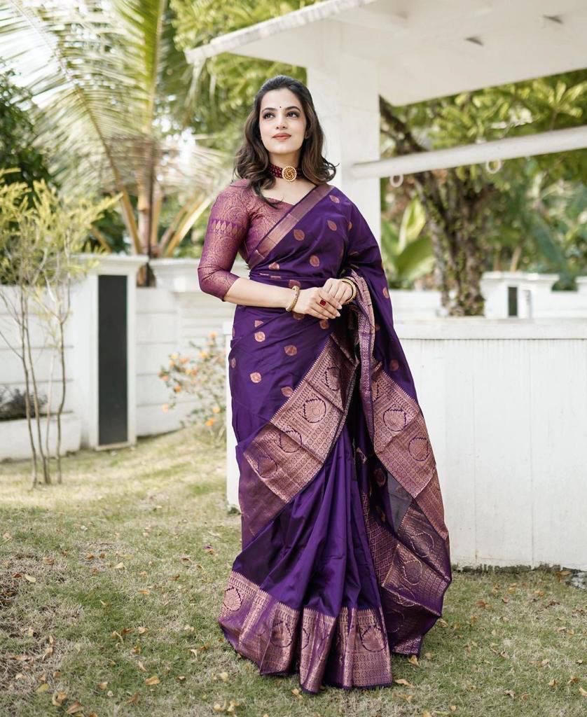 Assemblage Purple Soft Silk Saree With Brood Blouse Piece