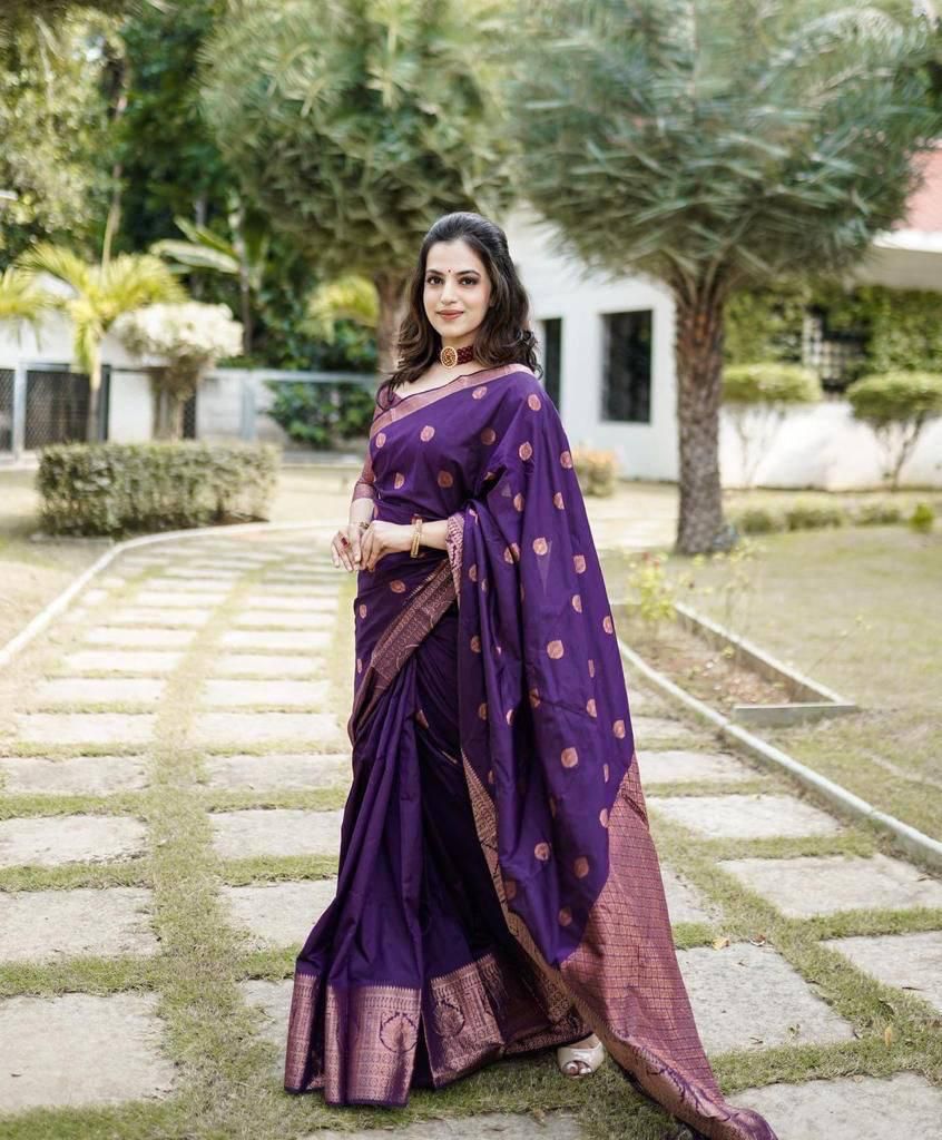 Assemblage Purple Soft Silk Saree With Brood Blouse Piece