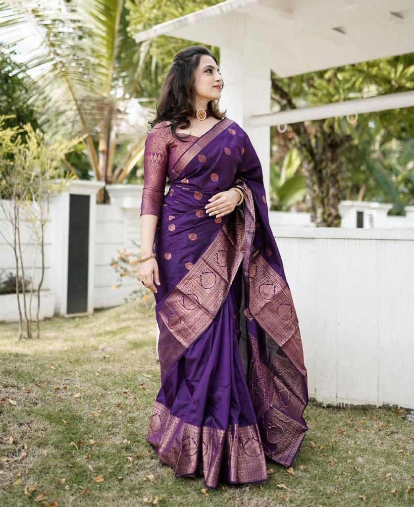 Assemblage Purple Soft Silk Saree With Brood Blouse Piece