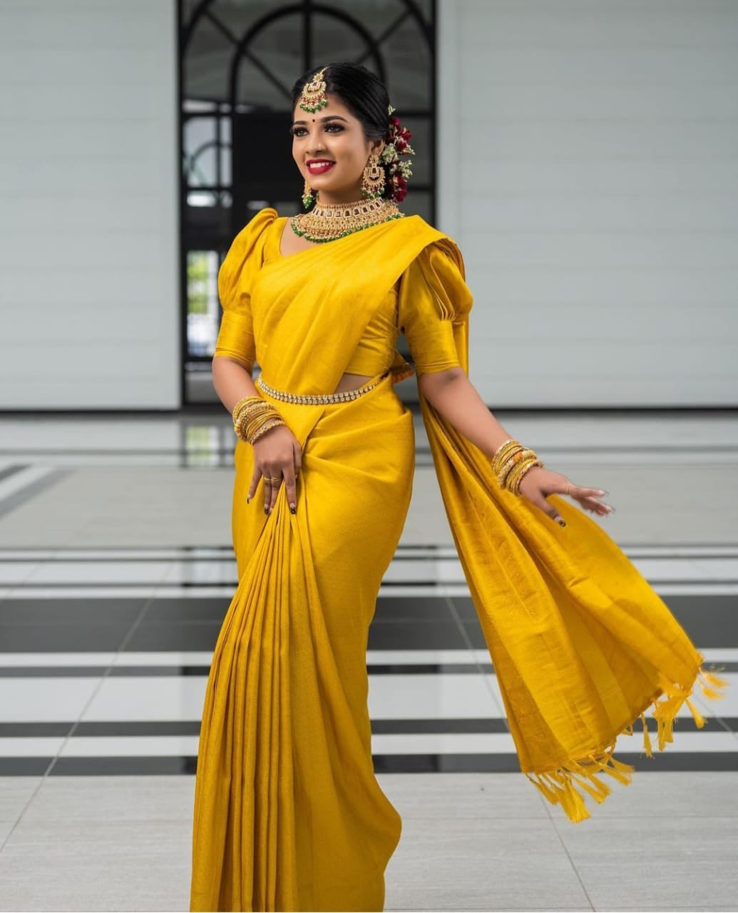 Glorious Yellow Soft Silk Saree with Most Stunning Blouse Piece