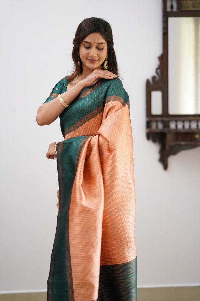 Gorgeous Peach Soft Silk Saree With Mesmerising Blouse Piece