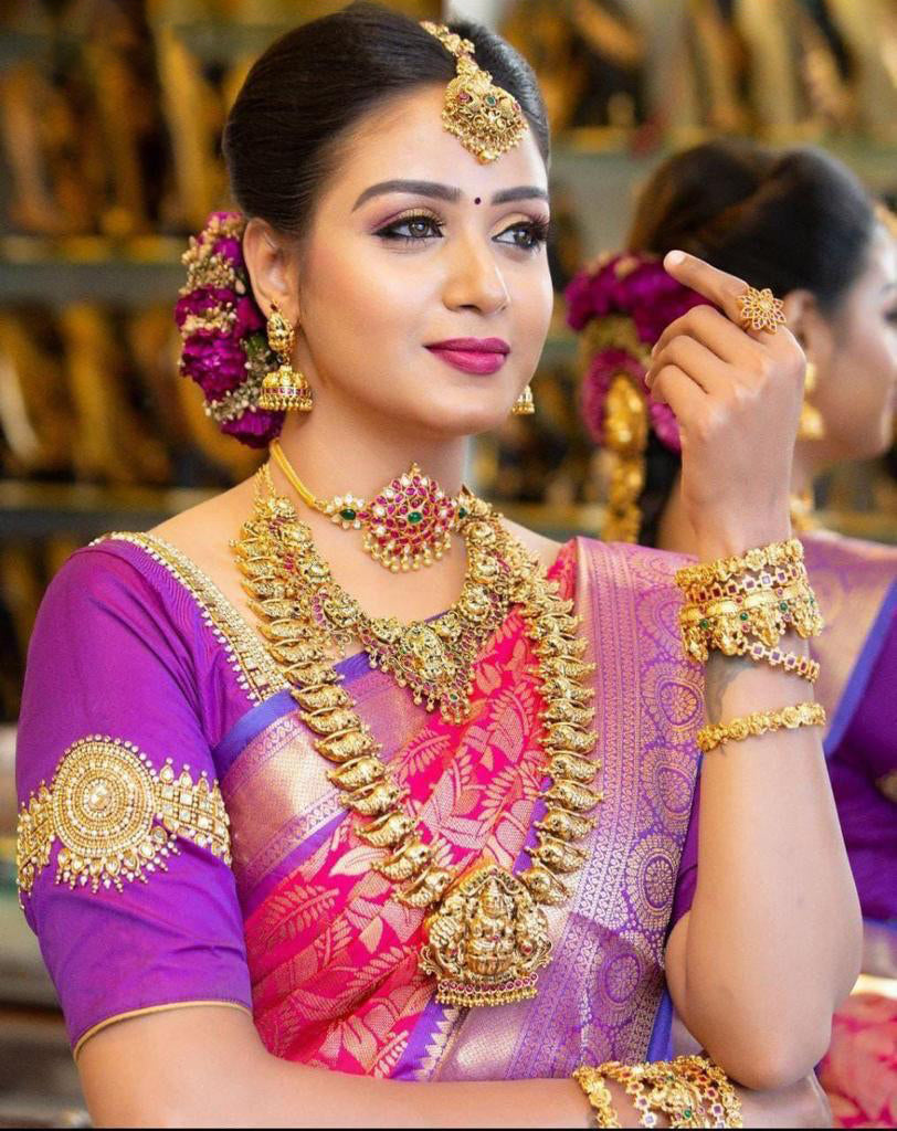 Adoring Dark Pink Soft Silk Saree With Serendipity Blouse Piece