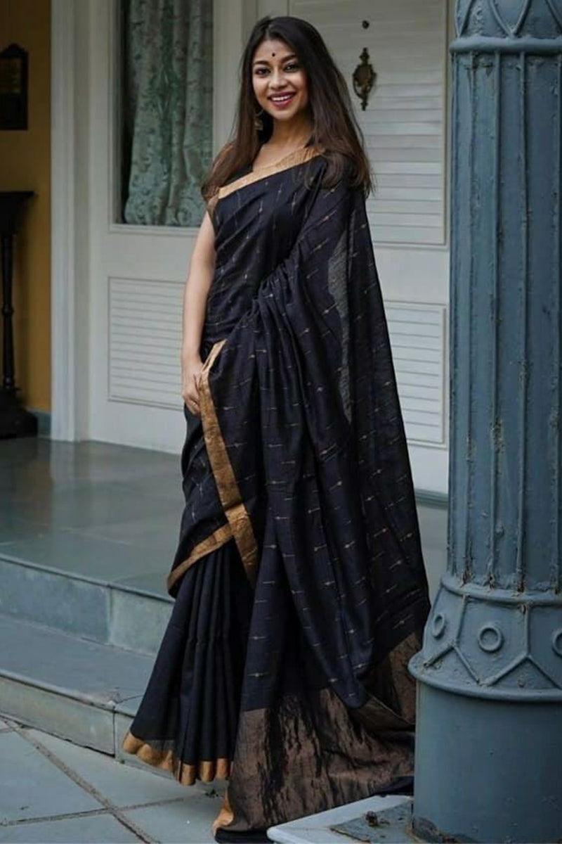 Supernal Black Cotton Silk Saree With Lustrous Blouse Piece