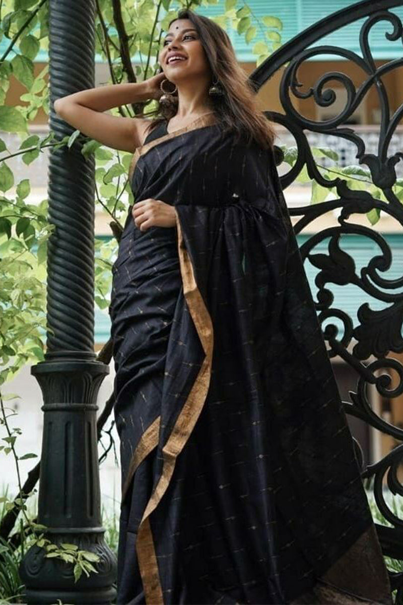 Supernal Black Cotton Silk Saree With Lustrous Blouse Piece