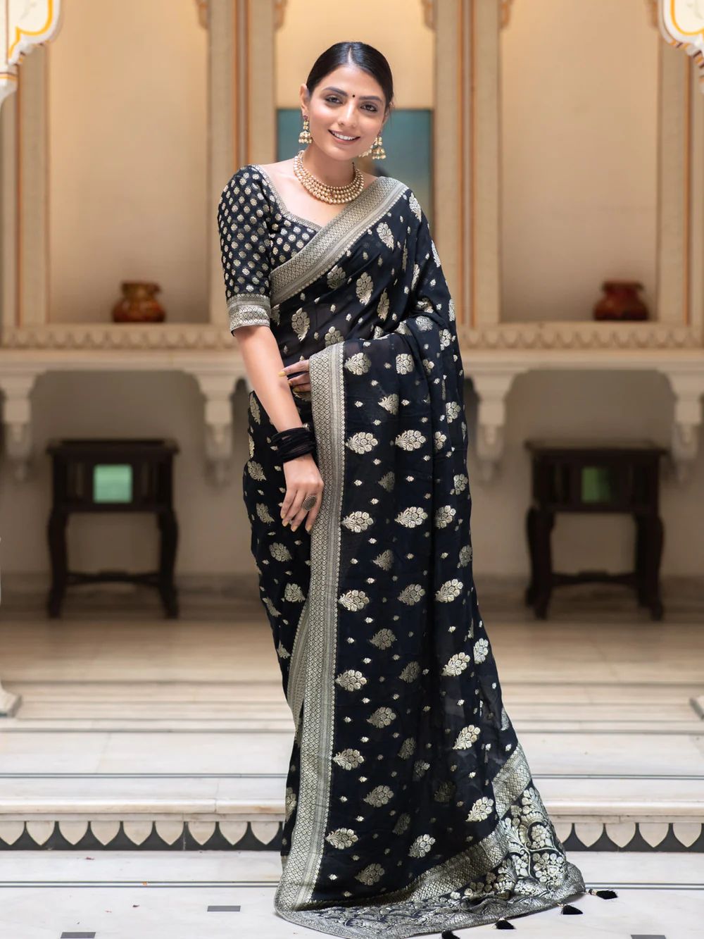 An insanely Black Soft Banarasi Silk Saree With Petrichor Blouse Piece