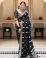 An insanely Black Soft Banarasi Silk Saree With Petrichor Blouse Piece