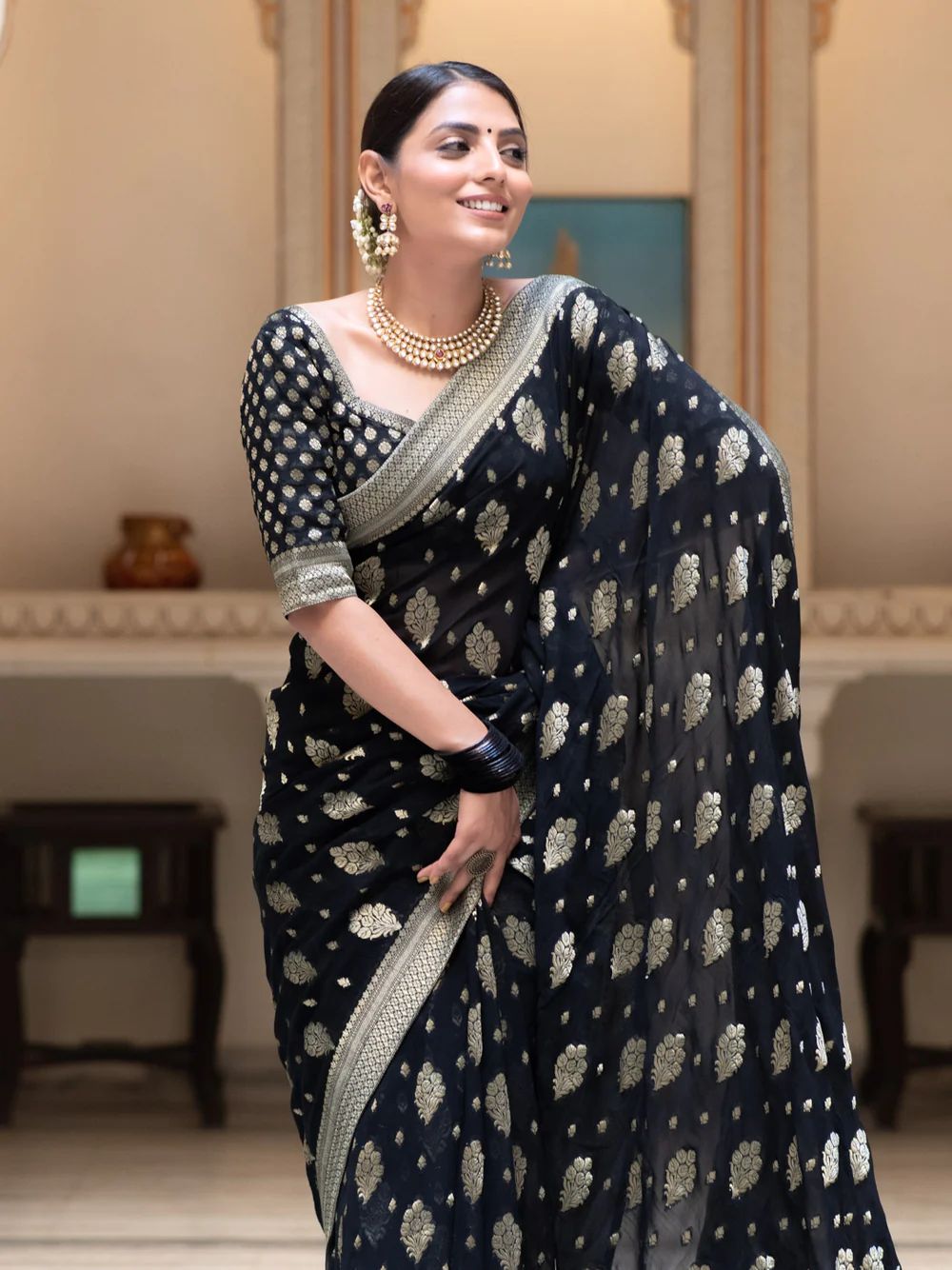 An insanely Black Soft Banarasi Silk Saree With Petrichor Blouse Piece